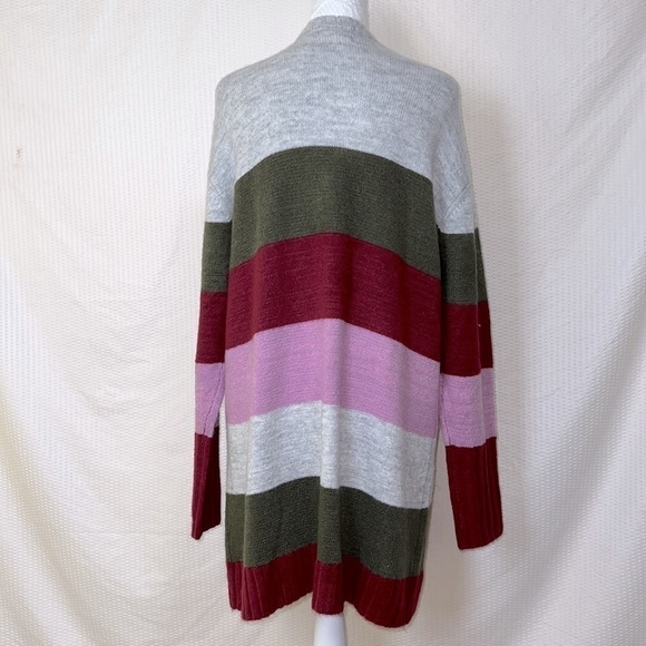 Caslon Open Front Pocket Gray w/ Green and Pink Stripe Cardigan Sweater - Size M - Picture 4 of 10